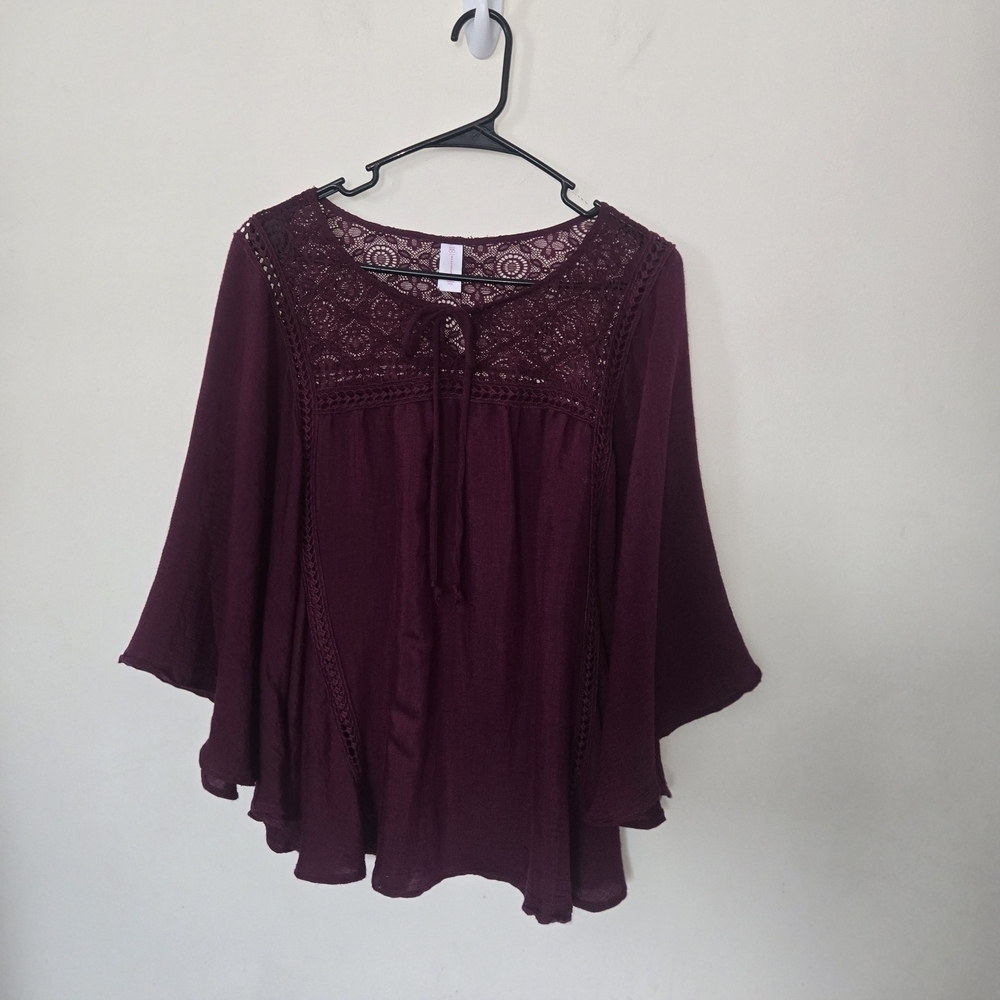 Burgundy Bat Wing Peasant Lace Women's Top Forest Whimsical Fairy Feminine SZ XL